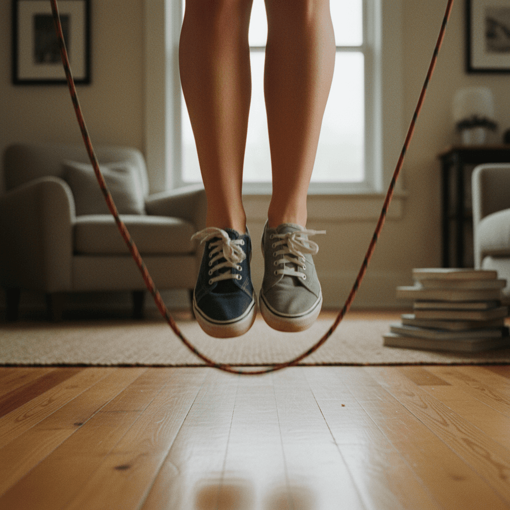 Gros plan sur des pieds qui sautent au-dessus d'une corde, dans un salon