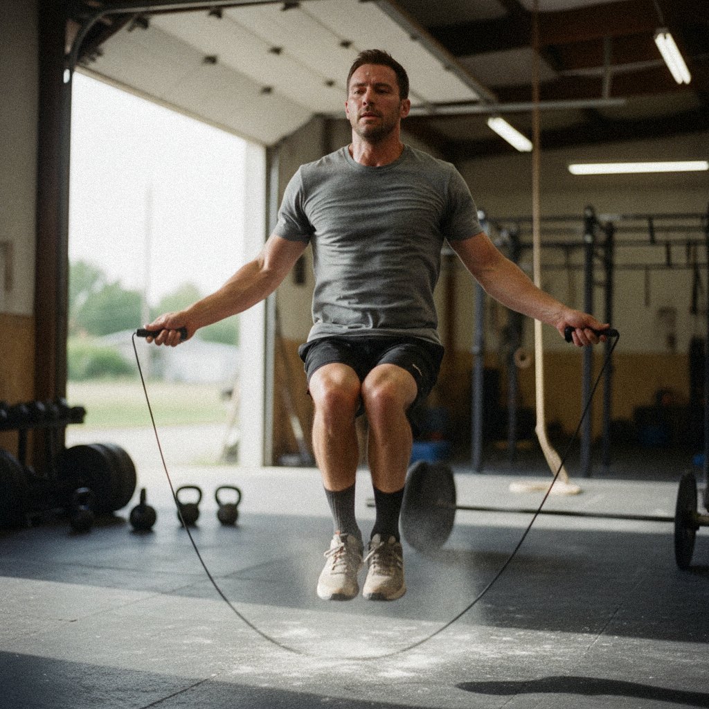 Un sportif en double saut au-dessus de sa corde, en salle